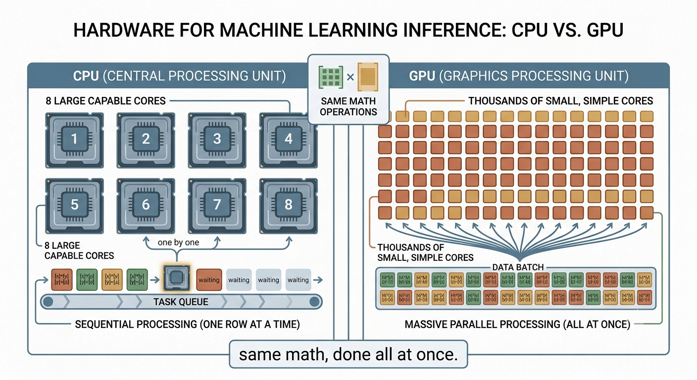 Een CPU met enkele grote cores versus een GPU met veel kleine cores